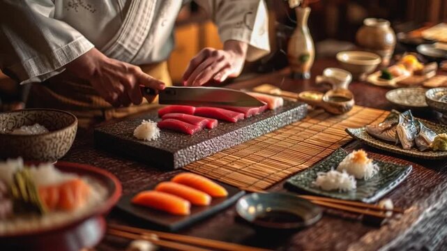 Chef's Artistry: A chef meticulously prepares a culinary masterpiece, skillfully slicing fresh tuna with precision, surrounded by a table set with delectable dishes.