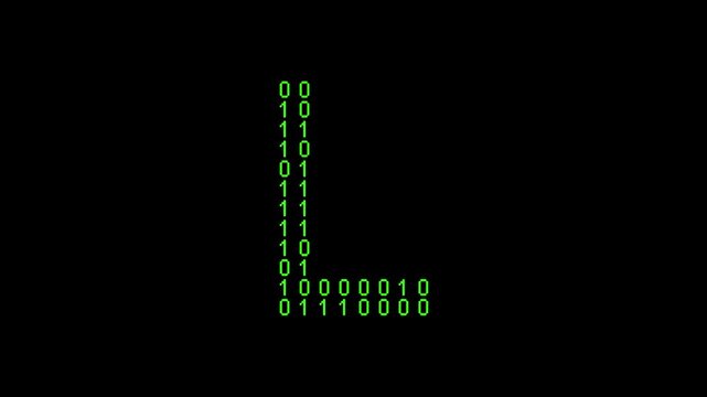 Single L alphabet letter on binary code background with matrix effect