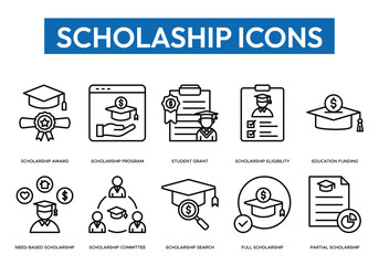Collection of clean line icons related to scholarships, including awards, programs, grants, eligibility, funding, search, and committees. Ideal for education websites, apps, and infographics.