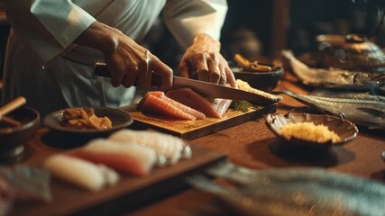 Sushi Chef Craft: A master chef meticulously prepares fresh sushi, expertly slicing through vibrant salmon with precision. The scene evokes a sense of culinary artistry and fresh ingredients.