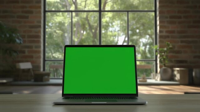 Laptop with green screen on a wooden desk with a blurred background of a window