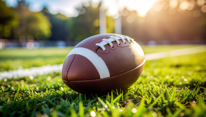 American Football on Grass Field at Sunset