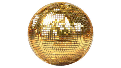 Golden, sphere-shaped object, reflective surface, covered with small, square mirror tiles on black background