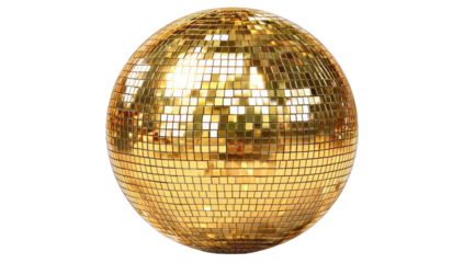 Golden, sphere-shaped object, reflective surface, covered with small, square mirror tiles on black background
