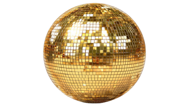 Golden, sphere-shaped object, reflective surface, covered with small, square mirror tiles on black background