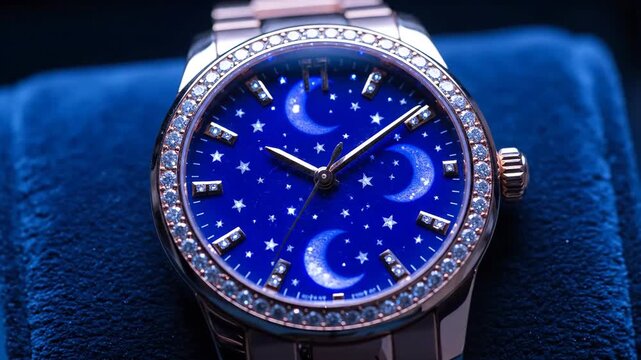 Elegant gold wristwatch featuring moon and stars in the night sky