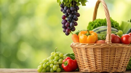 Fresh grapes and vegetables in a basket outdoors