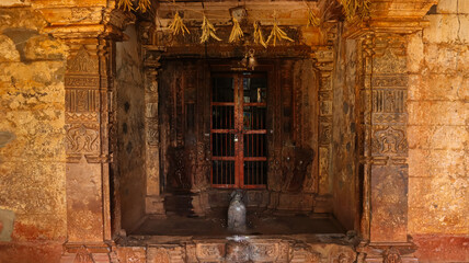 India, Karnataka, Ancient 12th Century Lord Shiva Temple, Carvings of Hindu Deities on the Wall of Monument,  © Raj