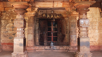India, Karnataka, Ancient 12th Century Lord Shiva Temple, Carvings of Hindu Deities on the Wall of Monument,  © Raj