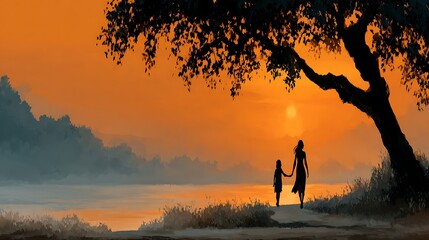 Mother and child stroll together along a tranquil path at sunset creating a heartwarming memory