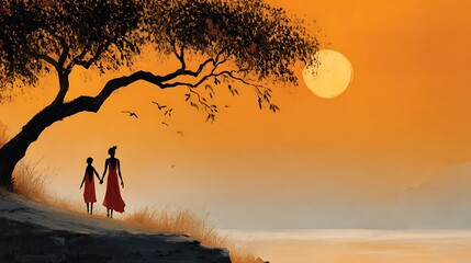 Stunning sunset stroll by the sea mother and child holding hands creating beautiful memories together