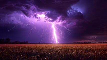 Dramatic Lightning Strike Over Wheat Field at Dusk