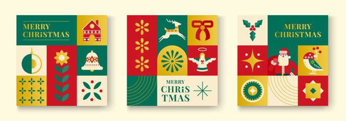 Christmas-themed geometric designs with festive elements, including reindeer, Santa, and floral patterns, on square backgrounds.