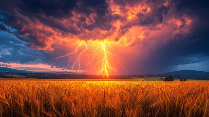 Dramatic lightning storm over golden wheat field at sunset