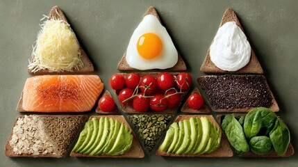 A visually appealing arrangement of various healthy breakfast foods, including salmon, eggs, avocado, and vegetables, presented on triangular toast slices.