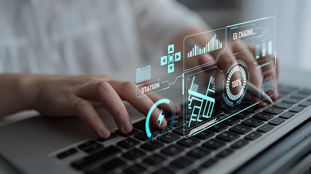 Charging interface for electric vehicles showing real-time battery level, charging status, power output, station location, and navigation for efficient energy management Latch