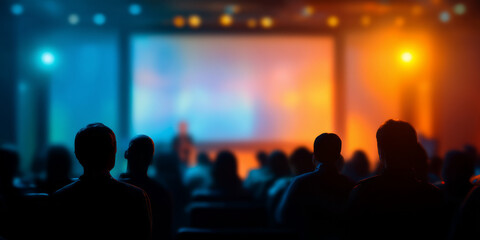 Audience silhouetted watching a stage presentation with bright lights in a dark room