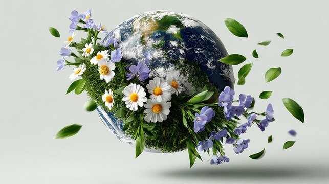 Earth globe surrounded by vibrant flowers and green leaves, symbolizing environmental awareness and sustainability, showcasing nature's beauty and harmony with the planet's ecosystem