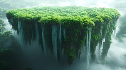 Lush, floating island cascading waterfalls in misty clouds