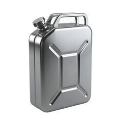 A metallic jerrycan fuel container with a sturdy handle and cap isolated on transparent background