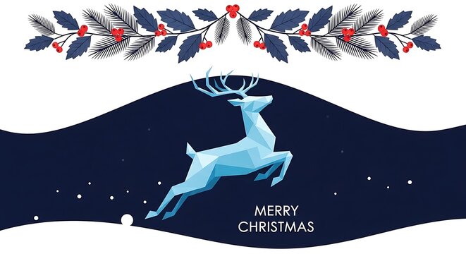 Low poly reindeer jumping over dark blue wave with merry christmas text