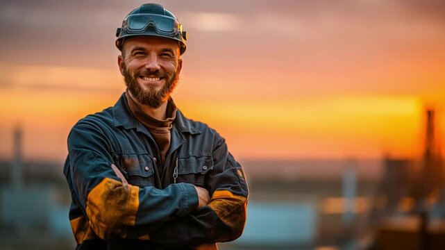 Determined Engineer: a smiling engineer, a symbol of dedication, his arms crossed with the bright sunset in background. It can be suitable for a industrial magazine.