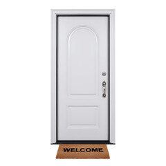 A classic white front door with a welcome mat on a transparent background isolated on transparent background