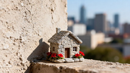 Miniature stone house on ledge