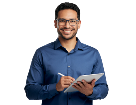 Male employee using a digital tablet with stylus for office work, isolated on a transparent background, PNG