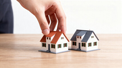 Hand placing miniature house model