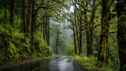 Obraz premium A serene wet forest road surrounded by lush moss-covered trees and dense greenery after rainfall, creating a calm and natural woodland atmosphere.