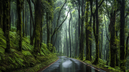 Naklejka premium A serene wet forest road surrounded by lush moss-covered trees and dense greenery after rainfall, creating a calm and natural woodland atmosphere.