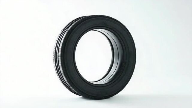 Video A single black tire sits on a white surface, with plenty of space for creative uses