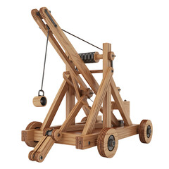 Detailed wooden model of a medieval catapult siege weapon isolated on transparent background
