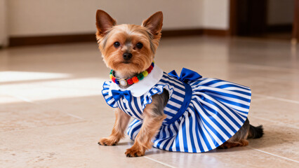 Small dog in striped dress