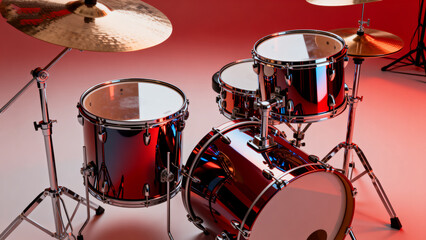 Drum set with cymbals on red background
