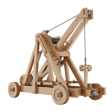 Detailed wooden model of a medieval siege catapult with a throwing arm and counterweight isolated on transparent background