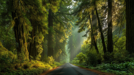 Fototapeta premium AI-generated image - A serene forest road surrounded by towering moss-covered trees and lush greenery, illuminated by soft natural light.