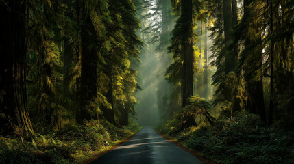Fototapeta premium AI-generated image - A serene forest road surrounded by towering moss-covered trees and lush greenery, illuminated by soft natural light.