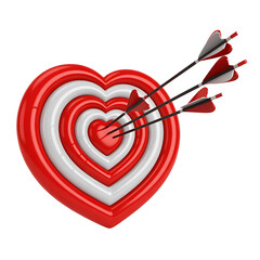 Red and white heart shaped target with arrows embedded in the center isolated on transparent background