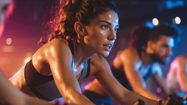 People training on stationary bikes in a spin class, neon lights glowing, synchronized pedaling, energy and determination filling the room.