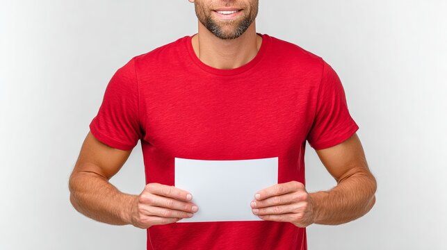 Smiling man in red t-shirt holding blank white paper, standing against a light gray background, showcasing a friendly demeanor and inviting atmosphere for creative projects
