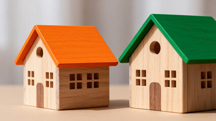 Two colorful wooden toy houses