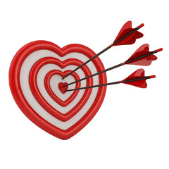 Red and white heart shaped target with three arrows piercing the bullseye isolated on transparent background