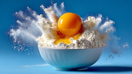 Fresh egg yolk splashing into a bowl of flour, creating a dynamic scene with flour particles flying, showcasing the process of baking and culinary creativity in a vibrant kitchen setting