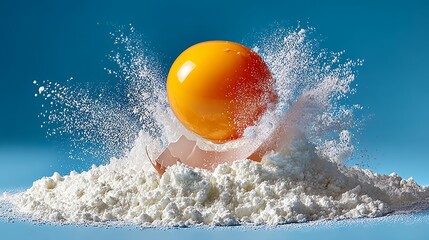 Vibrant egg yolk splashing from cracked shell, surrounded by a cloud of flour, creating a dynamic scene that highlights culinary creativity and the art of cooking