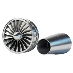 Detailed metallic jet engine fan blades and exhaust nozzle isolated on transparent background