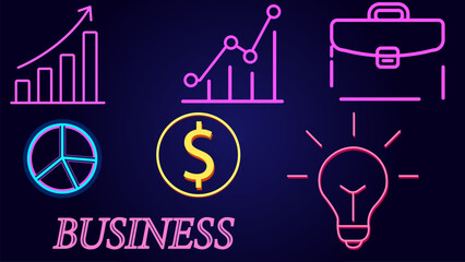 Neon business icons and charts on a dark blue background