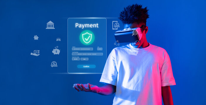 A young individual engages with virtual reality technology, exploring digital payment options and the future of banking in a cashless society with innovative services. XDMCP