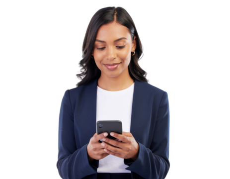 Office woman holding a smartphone and scrolling through emails, isolated on a transparent background, PNG